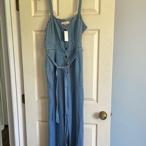 Loft Light Blue Denim Jumpsuit pockets tie waist 8